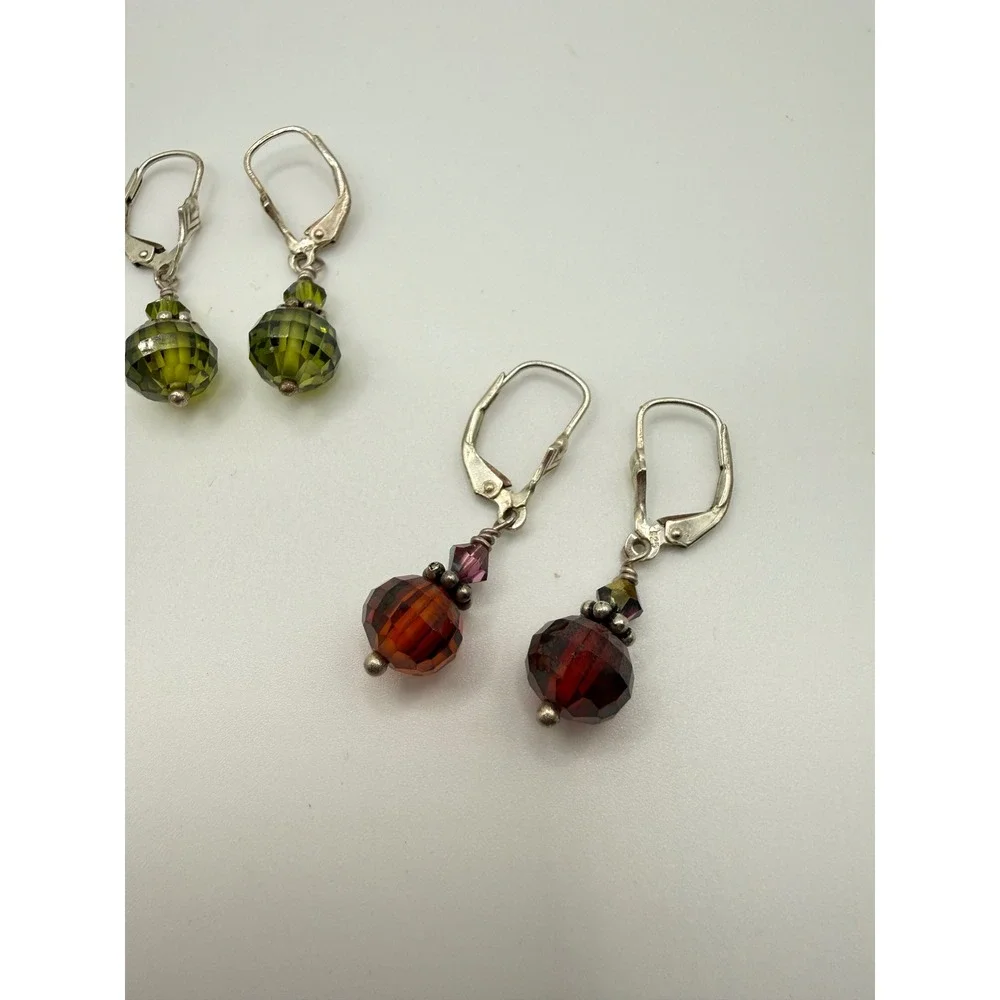 Set of 3 Sterling Silver 925 Faceted Crystal Leverback Earrings Yellow Green Red